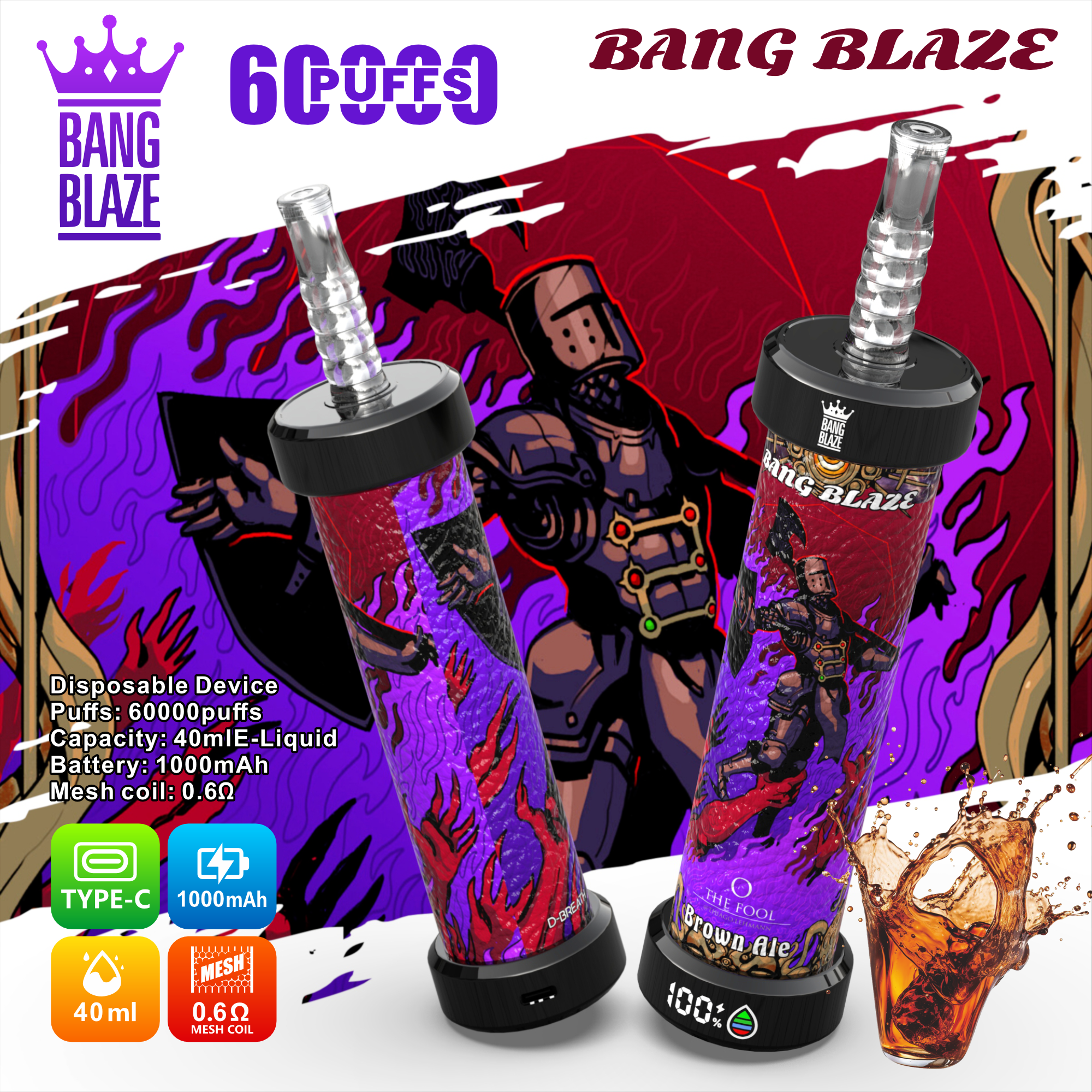 Bang Blaze 60000 Puffs Vape | 1000mAh Battery, 40ML E-liquid, Dual Coil, 14 Premium Flavors1000mAhバッテリー、40ML Eリキッド、デュアルコイル、プレミアムフレーバー14種類