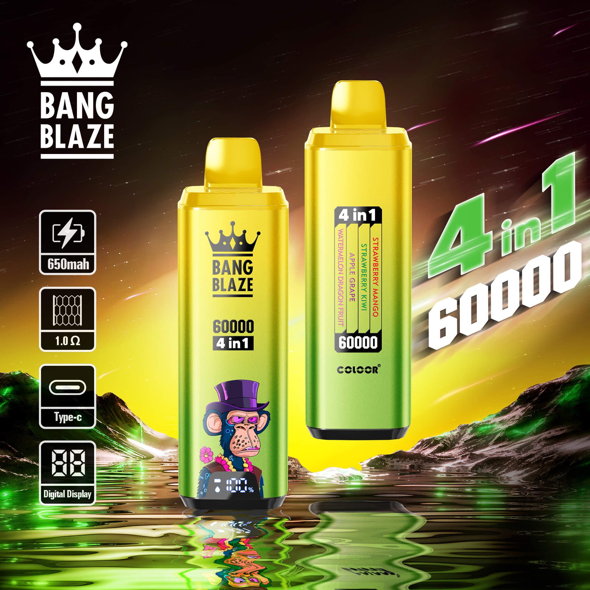 Bang Blaze 60000 Puffs 4in1 Vape | 56ML E-liquid, 650mAh Battery, Type-C Rechargeable, 12 Flavor Options60000パフ 4in1 ベイプ | 56ML Eリキッド、650mAhバッテリー、Type-C充電式、12種類のフレーバー