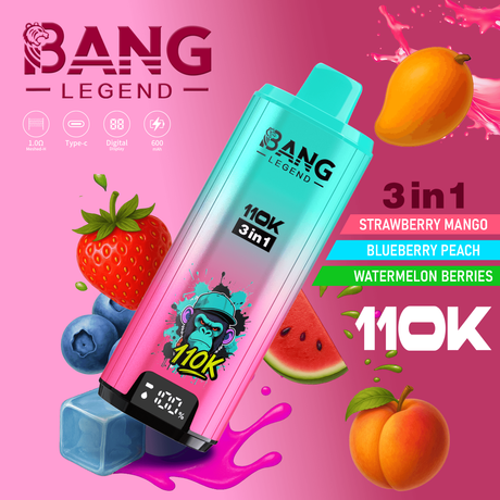 Bang Legend 110000 Puffs 3in1 Vape – Ultra Long-Lasting, Mesh Coil, Type-C Charging, 12 Flavor Combos 超長持ち、メッシュコイル、Type-C 充電、12 種類のフレーバーコンボ