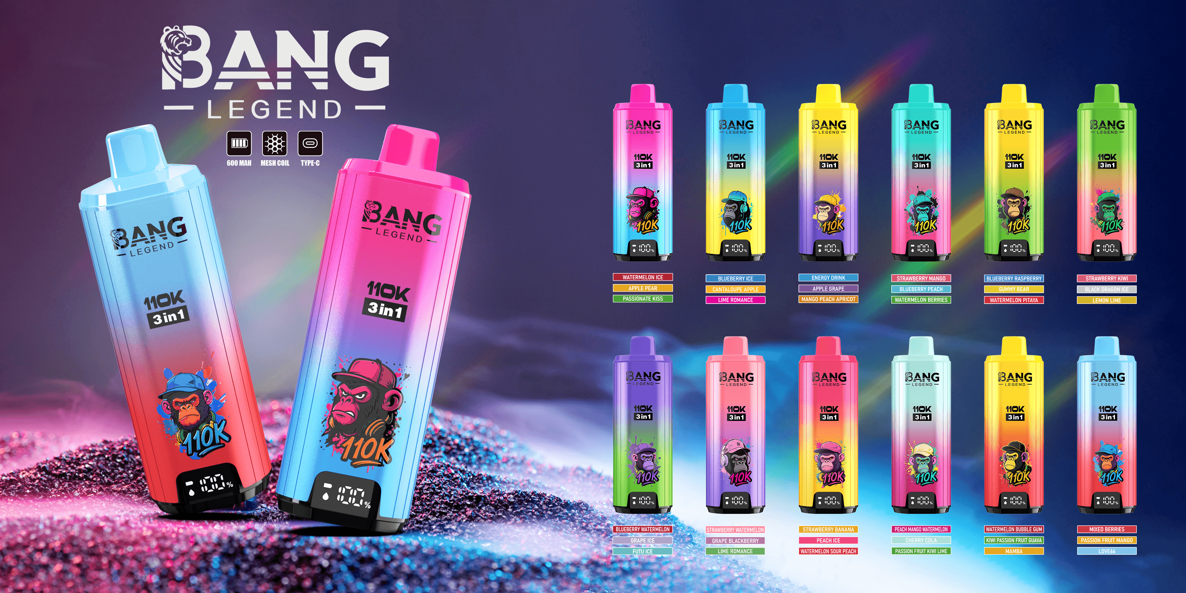 Bang Legend 110000 Puffs 3in1 Vape – Ultra Long-Lasting, Mesh Coil, Type-C Charging, 12 Flavor Combos 超長持ち、メッシュコイル、Type-C 充電、12 種類のフレーバーコンボ