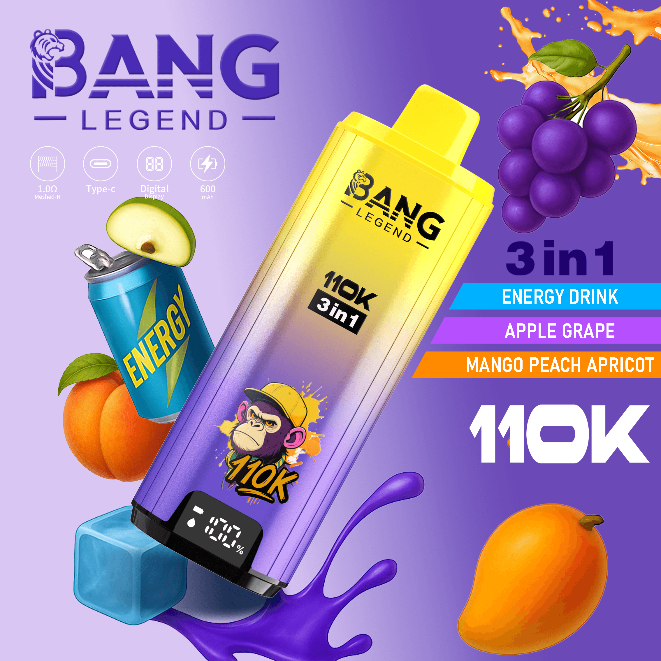 Bang Legend 110000 Puffs 3in1 Vape – Ultra Long-Lasting, Mesh Coil, Type-C Charging, 12 Flavor Combos 超長持ち、メッシュコイル、Type-C 充電、12 種類のフレーバーコンボ